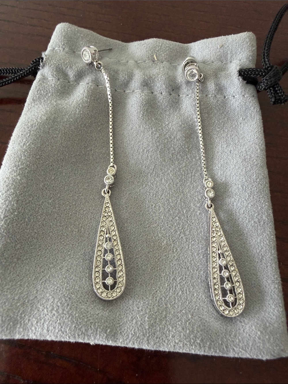 Sterling Silver Long Teardrop Dangle Earrings with Crystal Accents - Silver